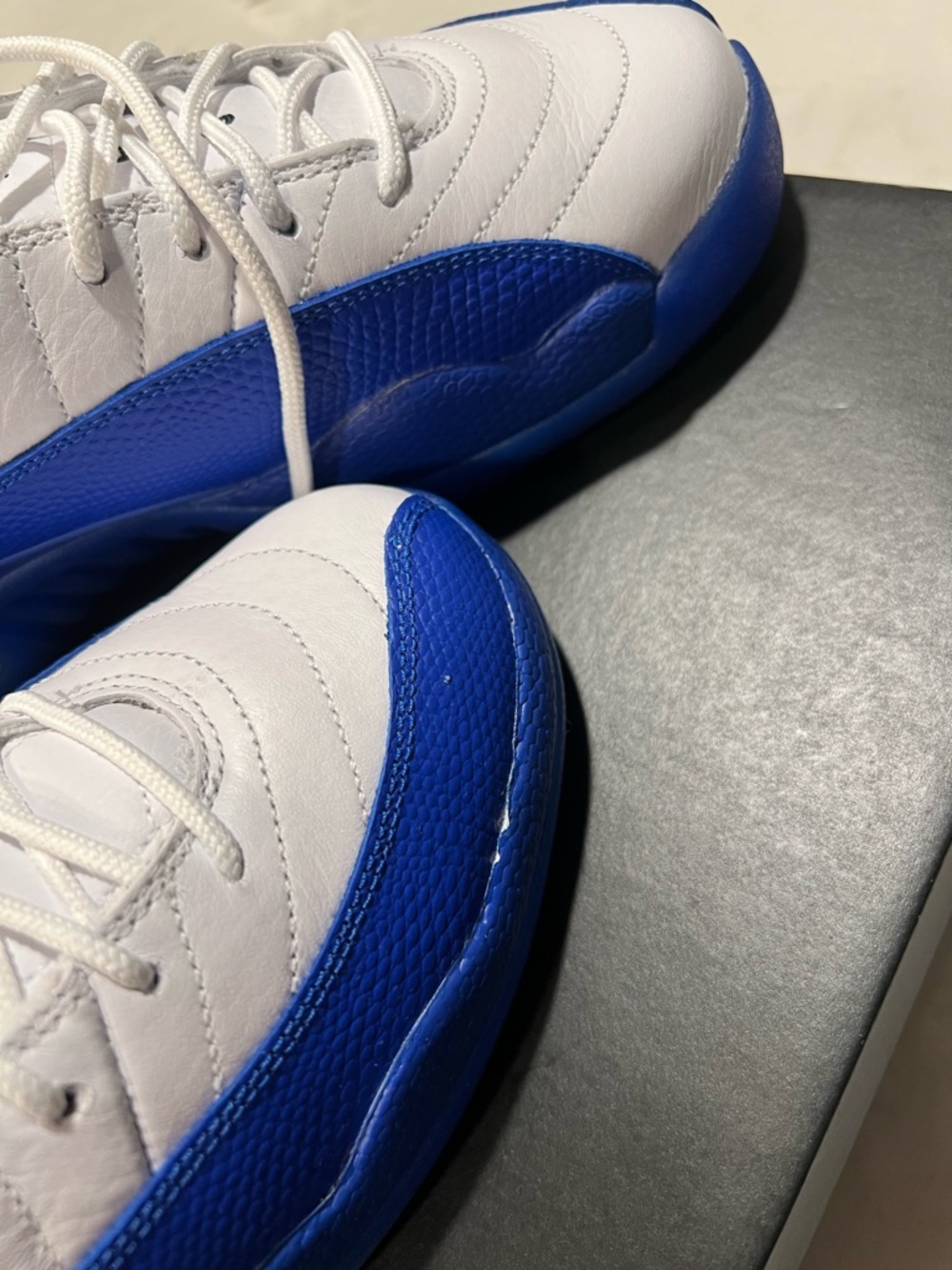 Jordan White and Royal Blue Retro 12 Sneakers - Picture 11 of 13